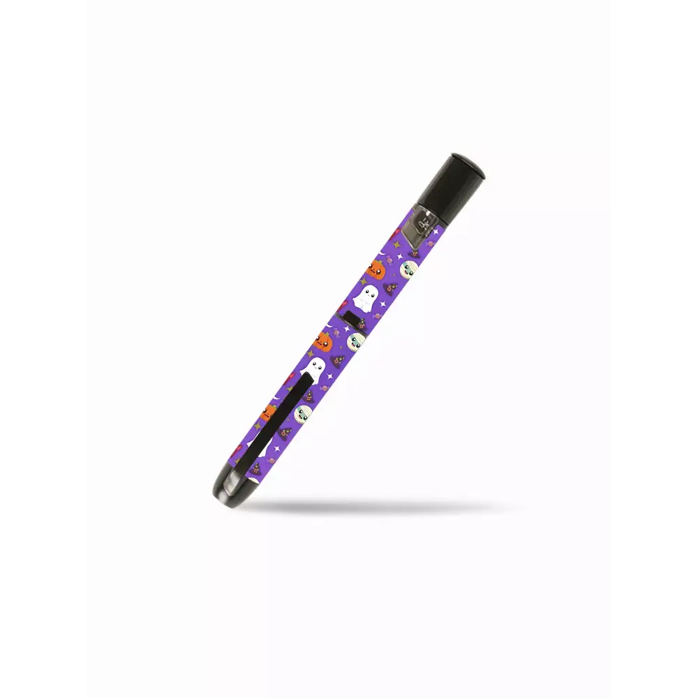 InPen Insulin Pen Stickers - Halloween creatures theme with cute characters like pumpkins, ghosts, and Frankenstein on a purple background.