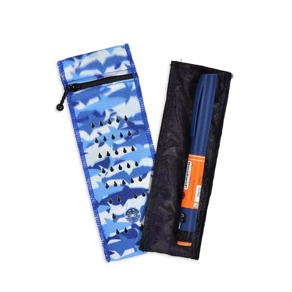 Blue patterned insulin cooling wallet with zipper, designed to store and keep 1 insulin pen cool for kids.