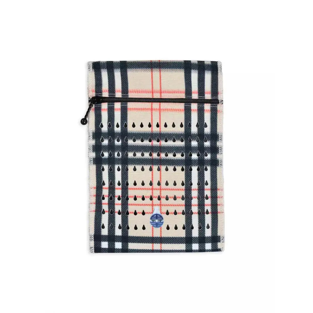 Insulin cooling wallet for travel with plaid design; holds 3 pens or 5 vials; keeps insulin cool for 48 hours without electricity.