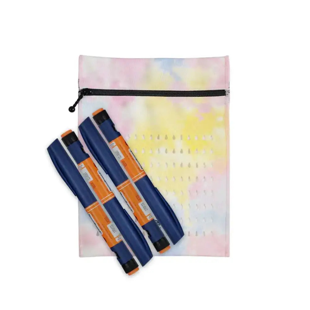 Insulin cooling wallet for 4 pens or 8 vials, Dia-Cool Summer Vibes, tie-dye design, no electricity needed, lightweight, portable.