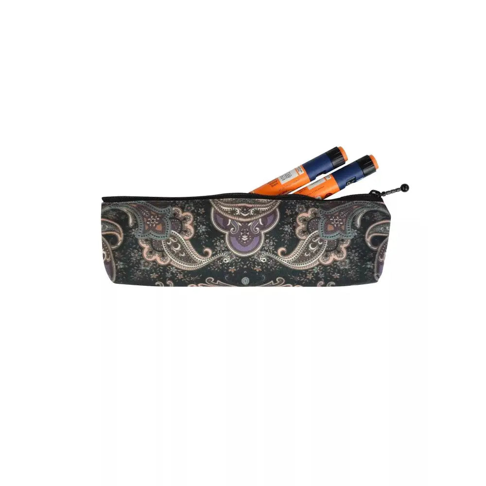 Insulin cooler travel case with stylish print, holding insulin pens, compact and portable for diabetes management.