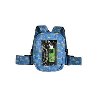 Insulin pump harness with window for children, blue design, adjustable straps, pocket for easy access.