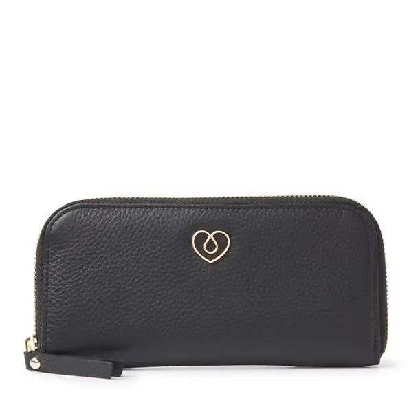 Stylish black leather diabetic case with zip closure, featuring gold heart detail from Sweet Collection.