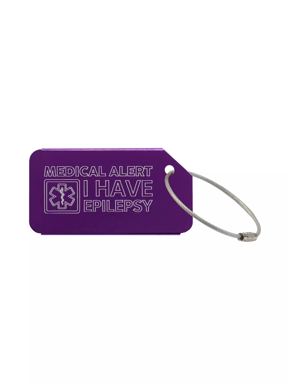 Purple medical luggage tag with the text 'Medical Alert I Have Epilepsy' engraved.