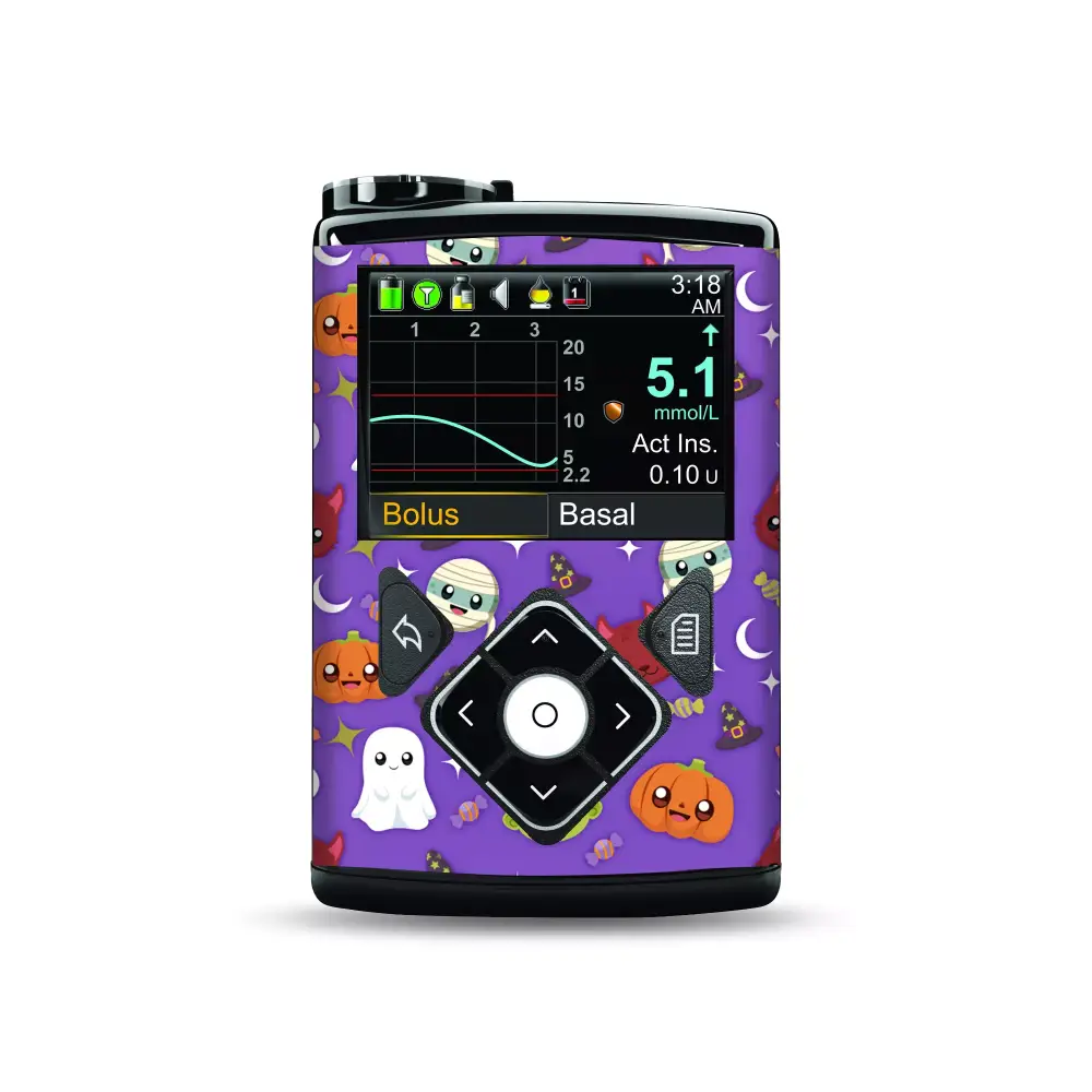 Medtronic Pump Stickers - Halloween creatures theme with cute characters like pumpkins, ghosts, and Frankenstein on a purple background.