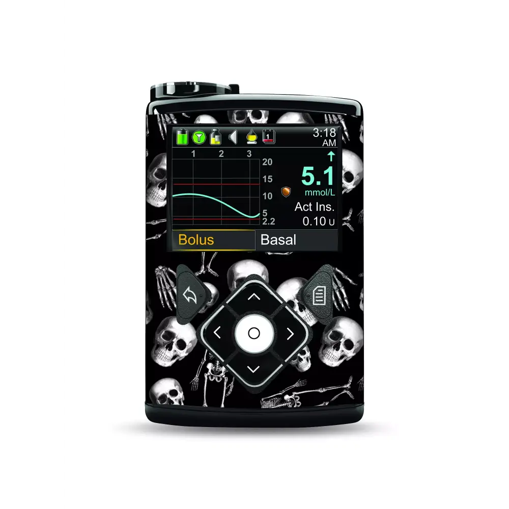 Medtronic Pump Stickers - Skeletons and skulls design on a black background.