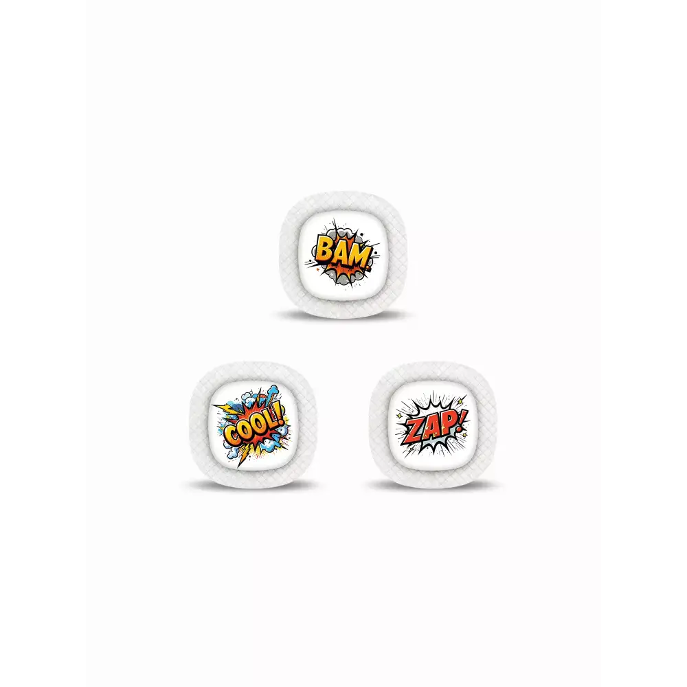 Medtronic Simplera CGM Stickers in Fun Vibes Comic style with BAM! design. Add comic-inspired fun to your sensor. 3 stickers per pack. Non-removable.