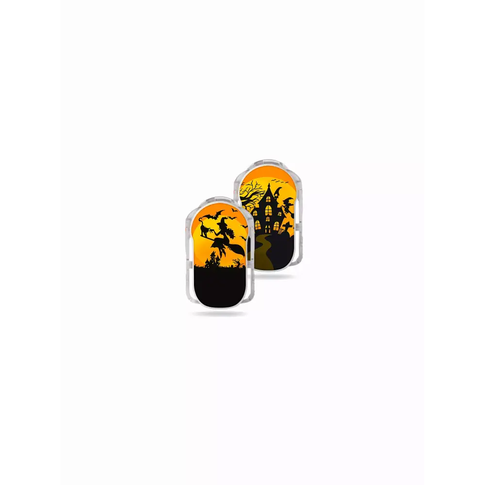 Medtrum Slim CGM Stickers - Set of 2 with haunted house designs, featuring witches, haunted houses, and spooky trees on a vibrant orange background.