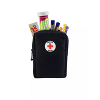 Mini kit bag for diabetics with supplies, black with red cross emblem.