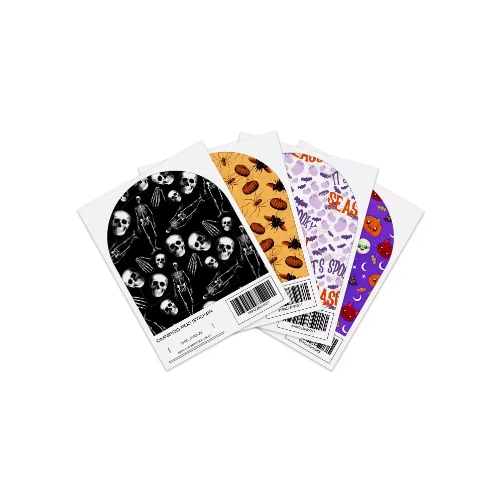 Omnipod Stickers - Assorted designs including Halloween creatures, 'It's Spooky Season' text with bats, and spider web patterns on colorful backgrounds.