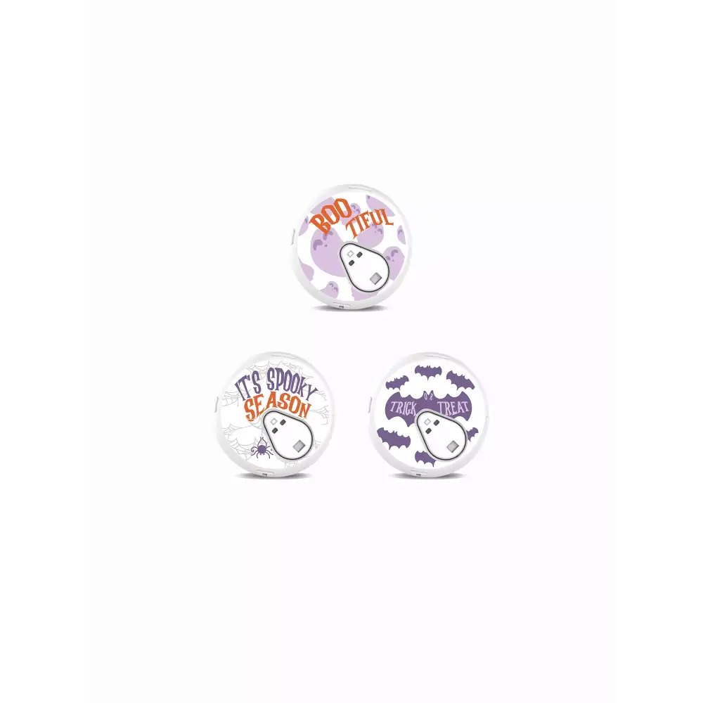 Sinocare iCan i3 Halloween stickers featuring "Boo-tiful," "It's Spooky Season," and "Trick or Treat" designs for a festive look.