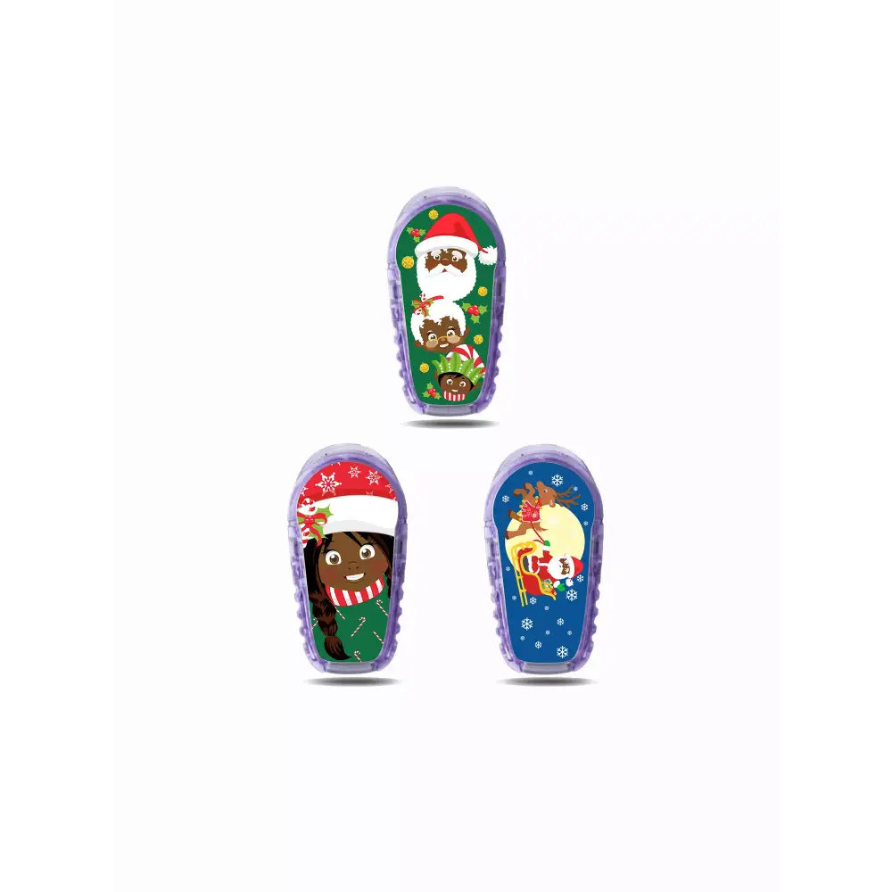Dexcom G6 Christmas sensor stickers with festive designs for glucose monitors.