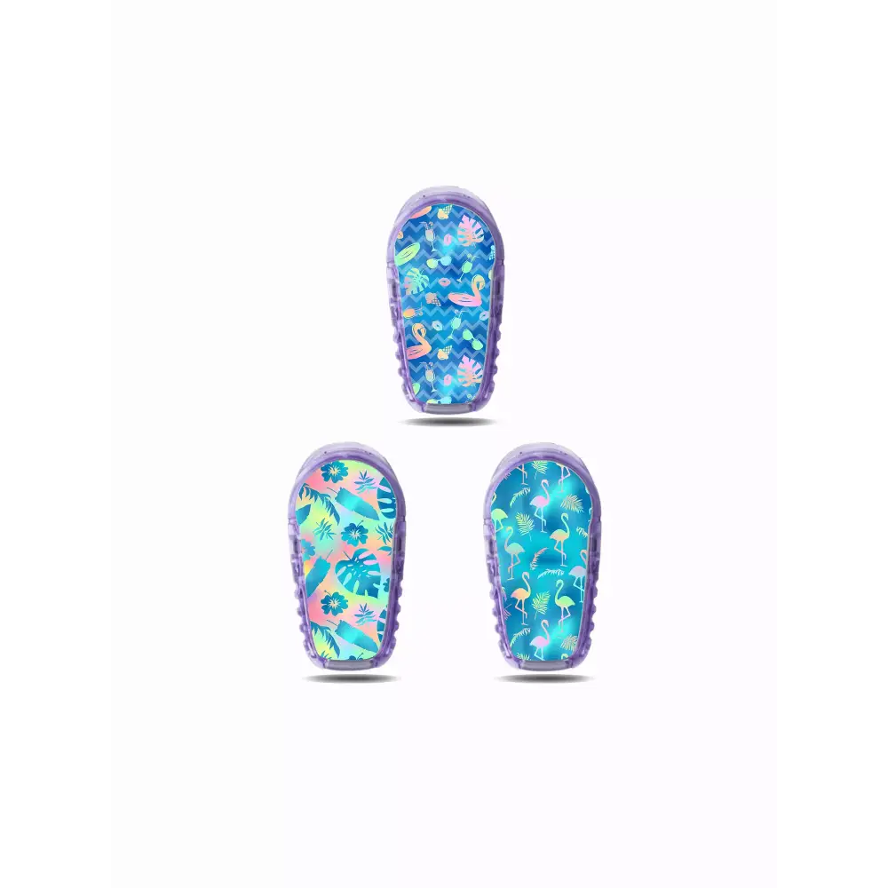 Summer-themed Dexcom G6 stickers with tropical and sea creature designs.
