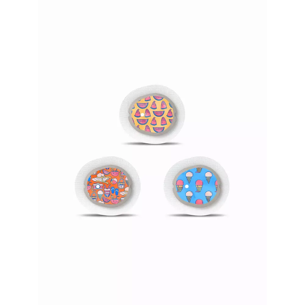 Summer-themed Dexcom G7 stickers featuring vibrant beach and ocean patterns.