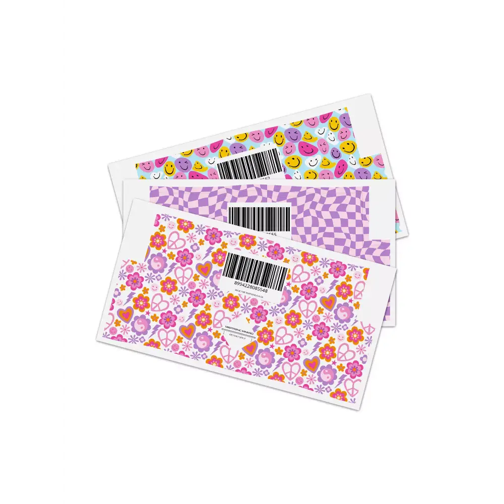 Stickers for Medtronic MiniMed in Y2K floral, smiley, and checkered designs.