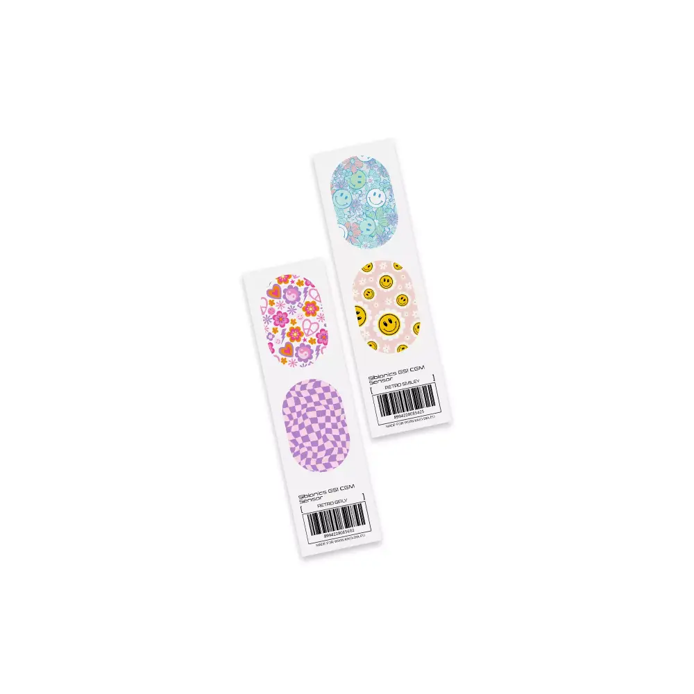 Stickers for Sibionics GS1 CGM with Y2K designs, featuring flower patterns and checkerboard style.