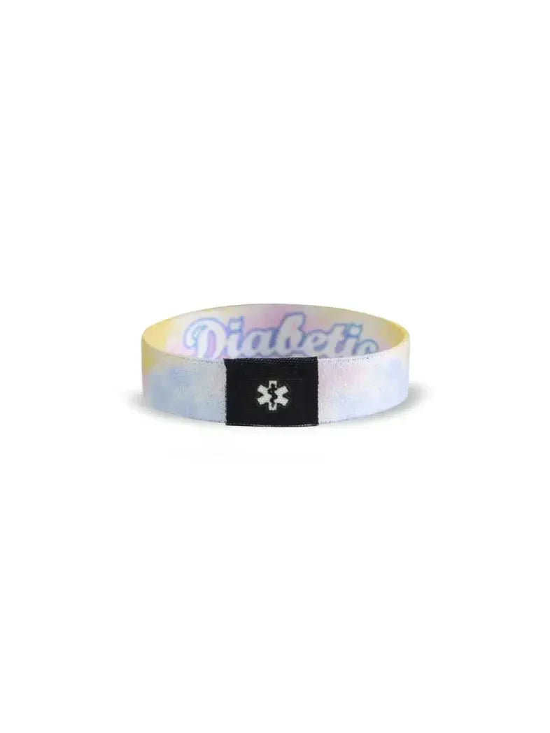 Reversible Type 1 Diabetes awareness wristband for children with vibrant summer patterns and "Diabetic" text.