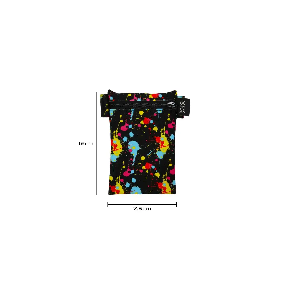 Colorful waterproof Vertical Insulin Pump Pouch with vibrant paint splatter design
