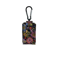 Compact floral pouch for Tandem t:slim X2 and Mobi insulin pumps with carabiner attachment.