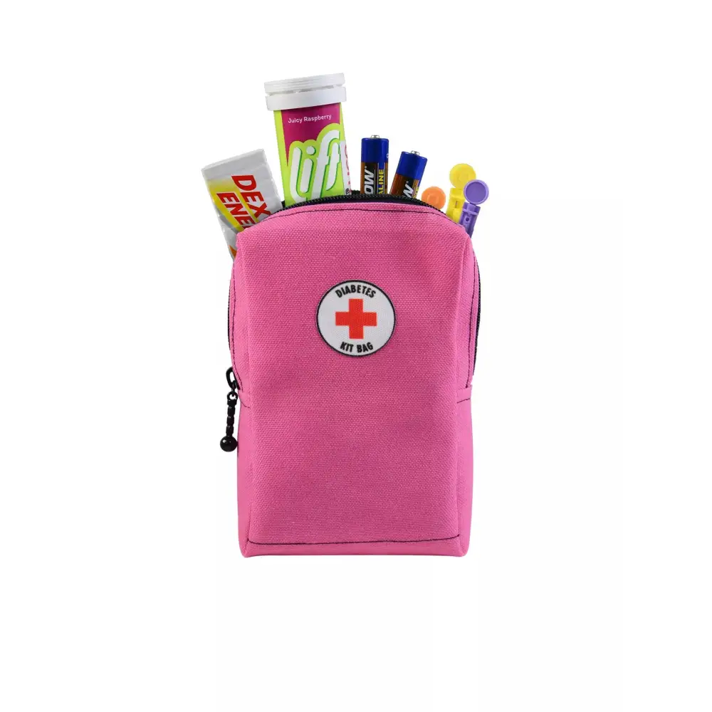Mini Kit Bag for diabetics with supplies, pink design.