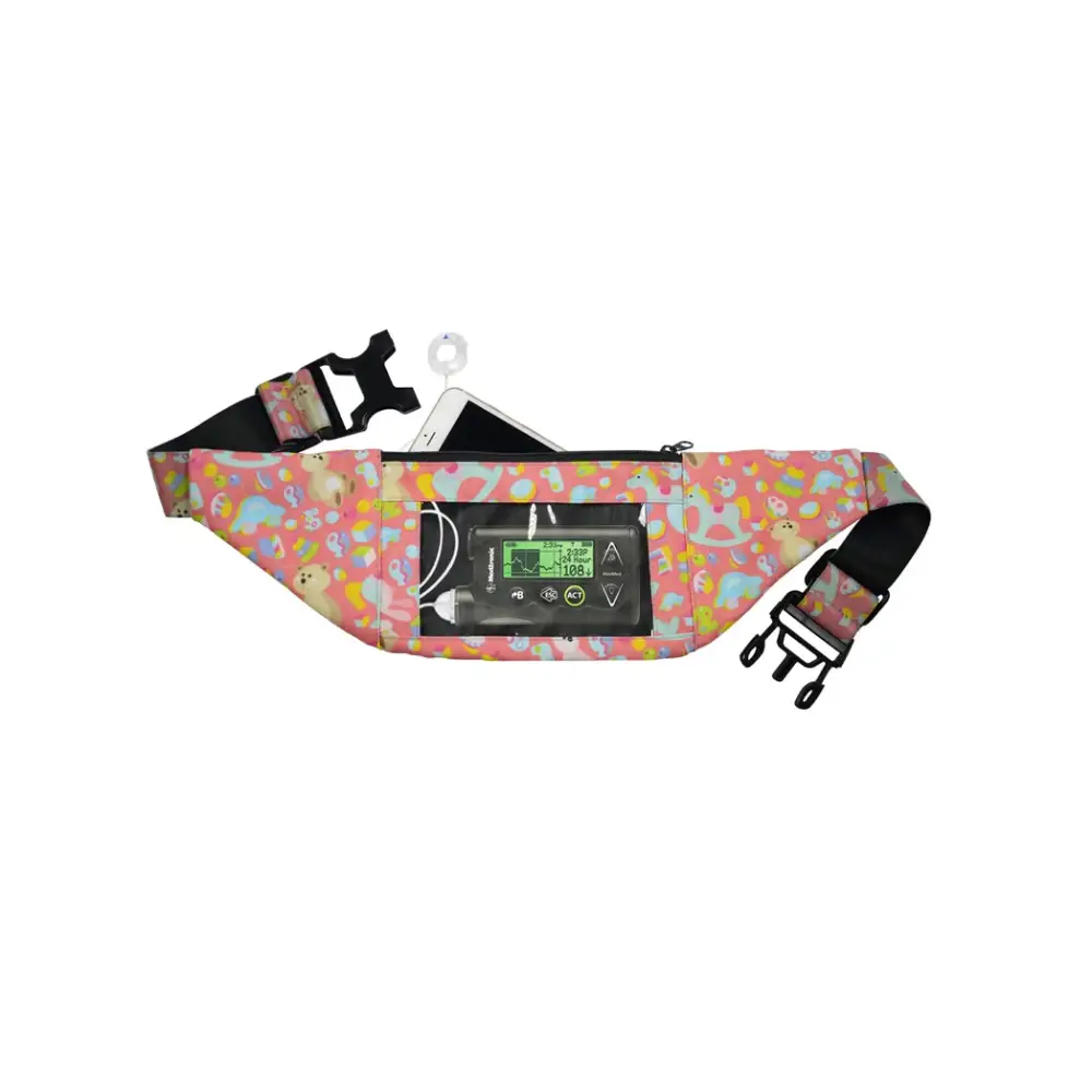 Double pocket insulin pump belt for children with adjustable fit and front window for easy monitoring.