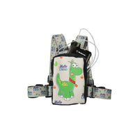 Insulin pump harness for kids with dinosaur design, adjustable straps, and pocket for night-time use.