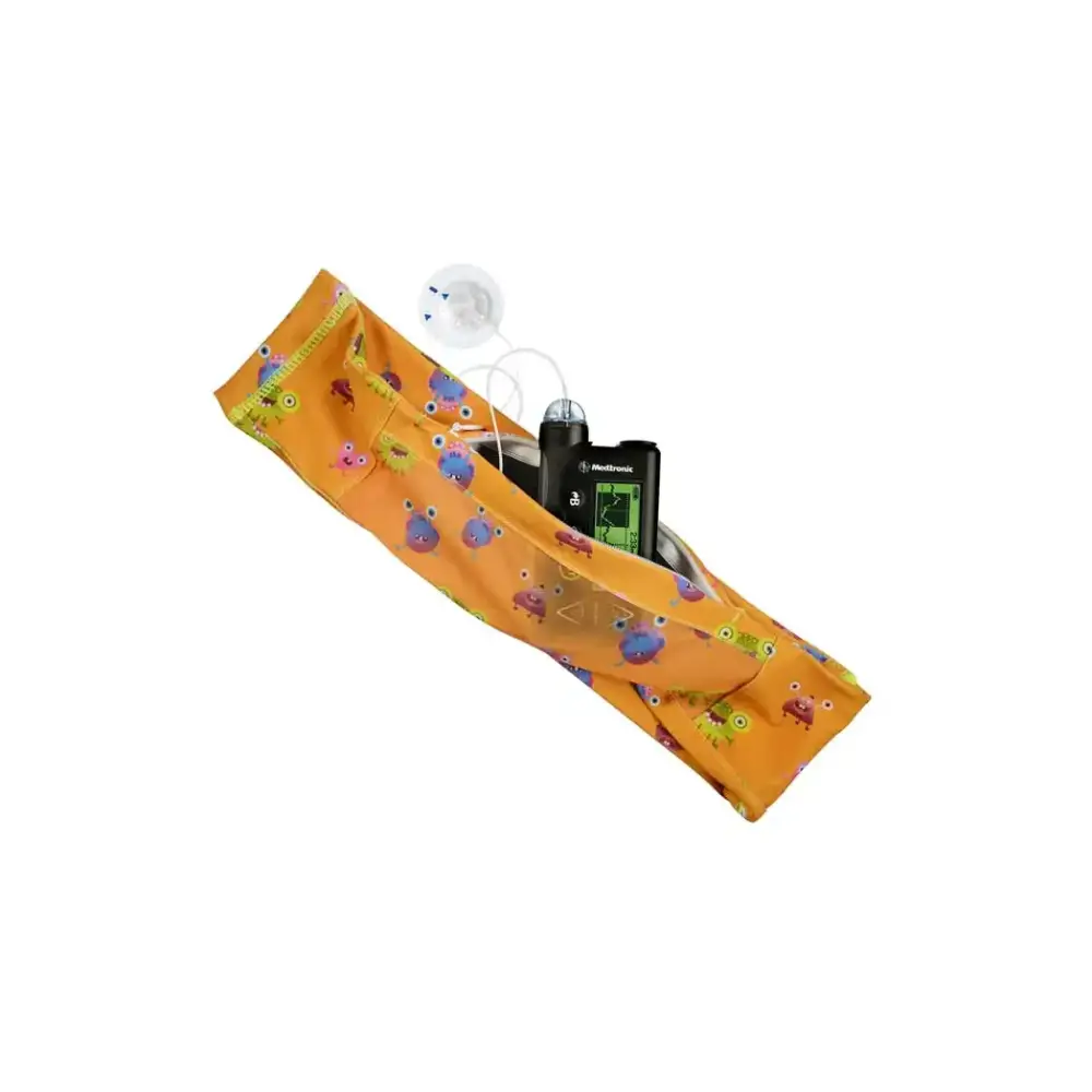 Insulin Pump Waist Belt with Mesh Window for Children, orange belt with blue and pink design, insulin pump visible through mesh window.