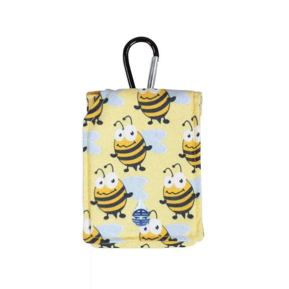 Insulin pump pouch for kids with bee print including carabiner and loop for secure attachment, featuring a cooling system.