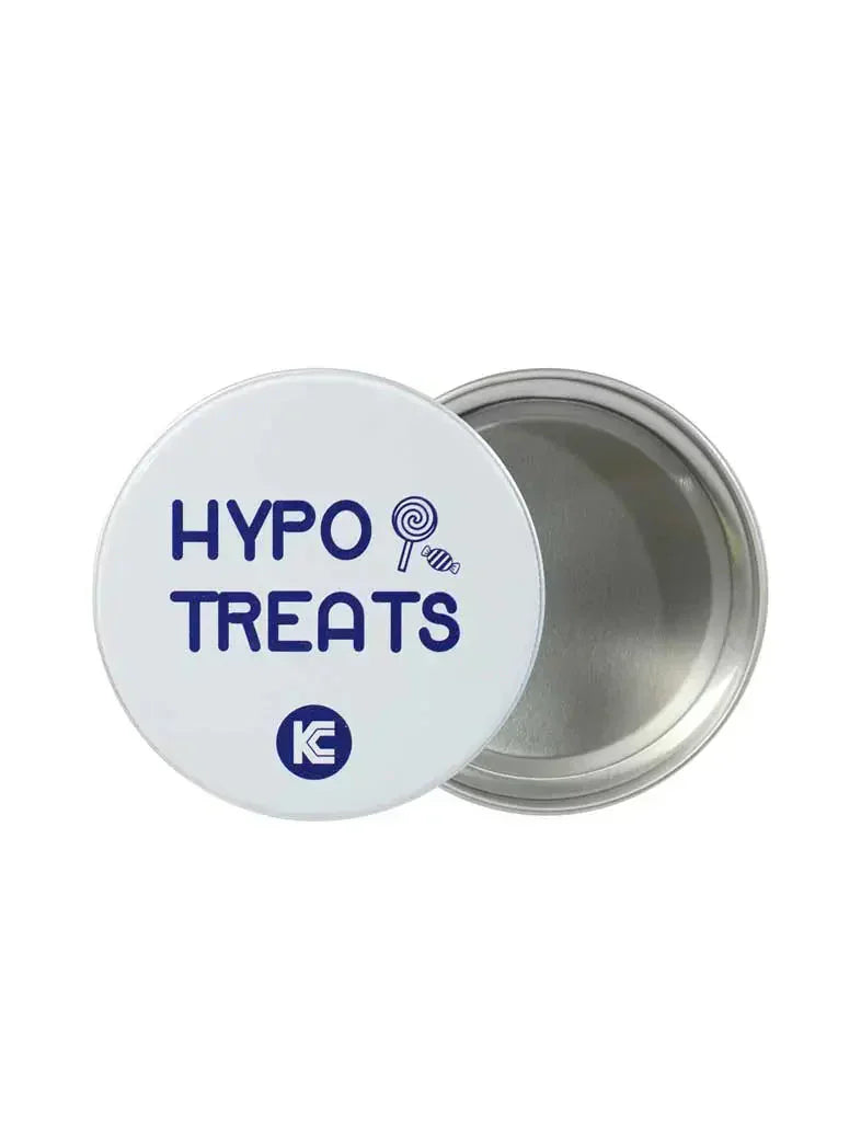 Large tin box for hypo treats, compact design with "Hypo Treats" text on lid, ideal for diabetics' convenience.