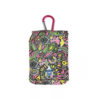 Colorful insulin pump pouch with cooling system and carabiner attachment.