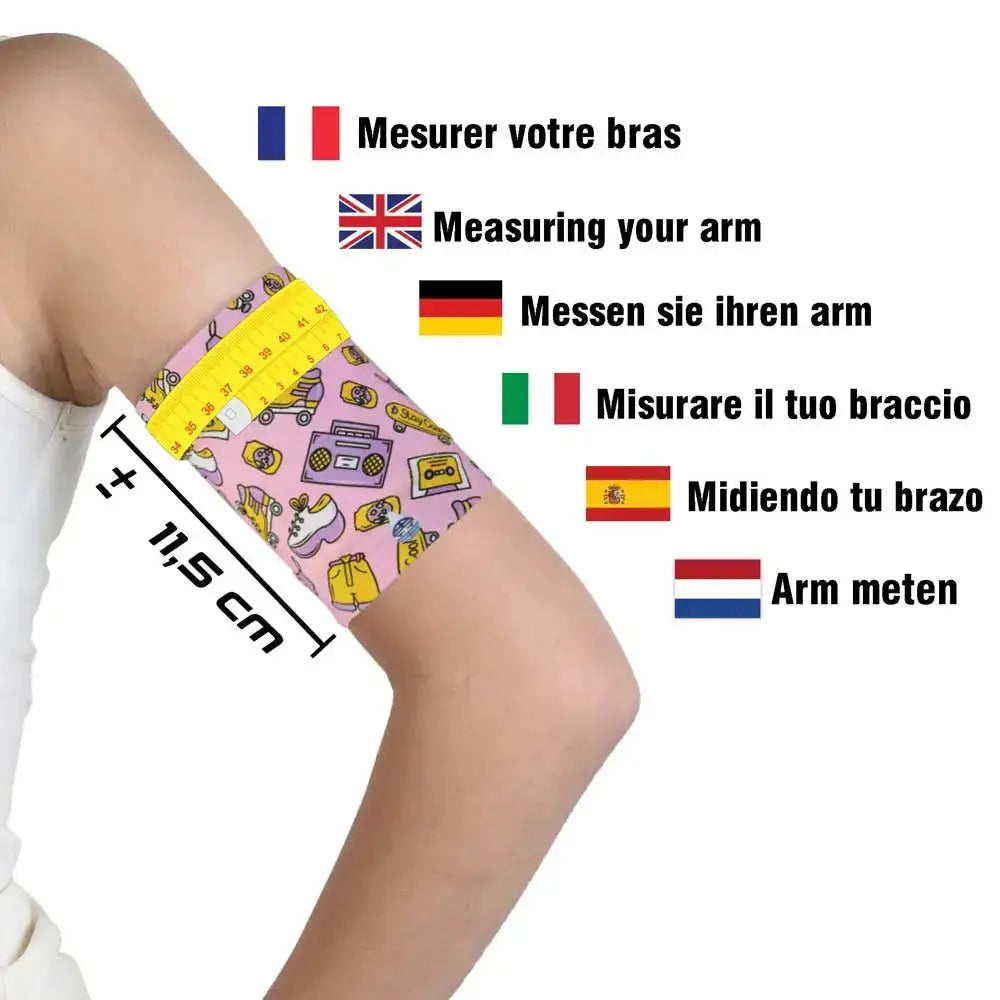 Protective armband for glucose sensor measuring 11.5 cm on teenager's upper arm with colorful design