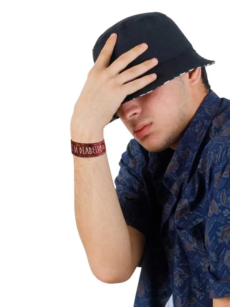Reversible Diabetes Awareness Wristband on wrist, stylish design, 2.5cm height, supporting diabetes awareness.