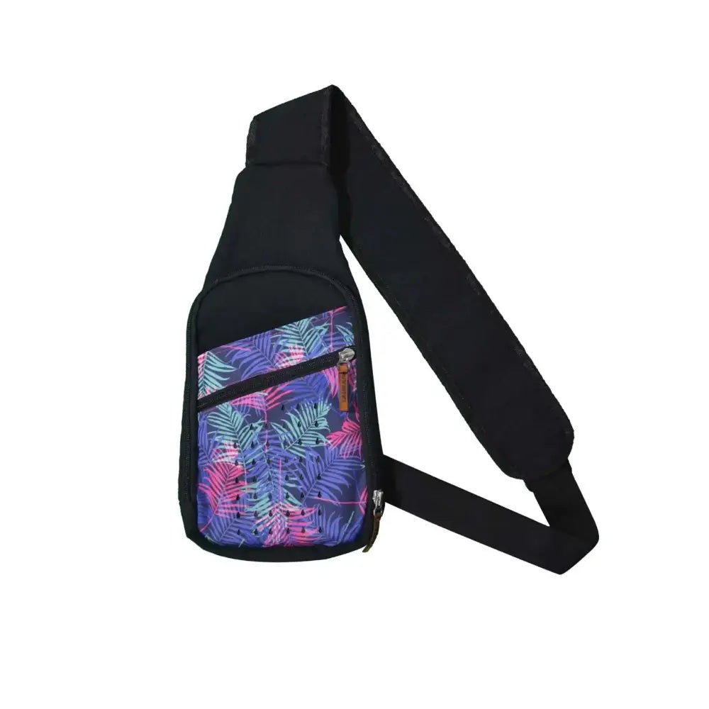 Shoulder bag with insulin cooling system, Dia-GO! Lite, black with colorful print, lightweight diabetes organization bag.