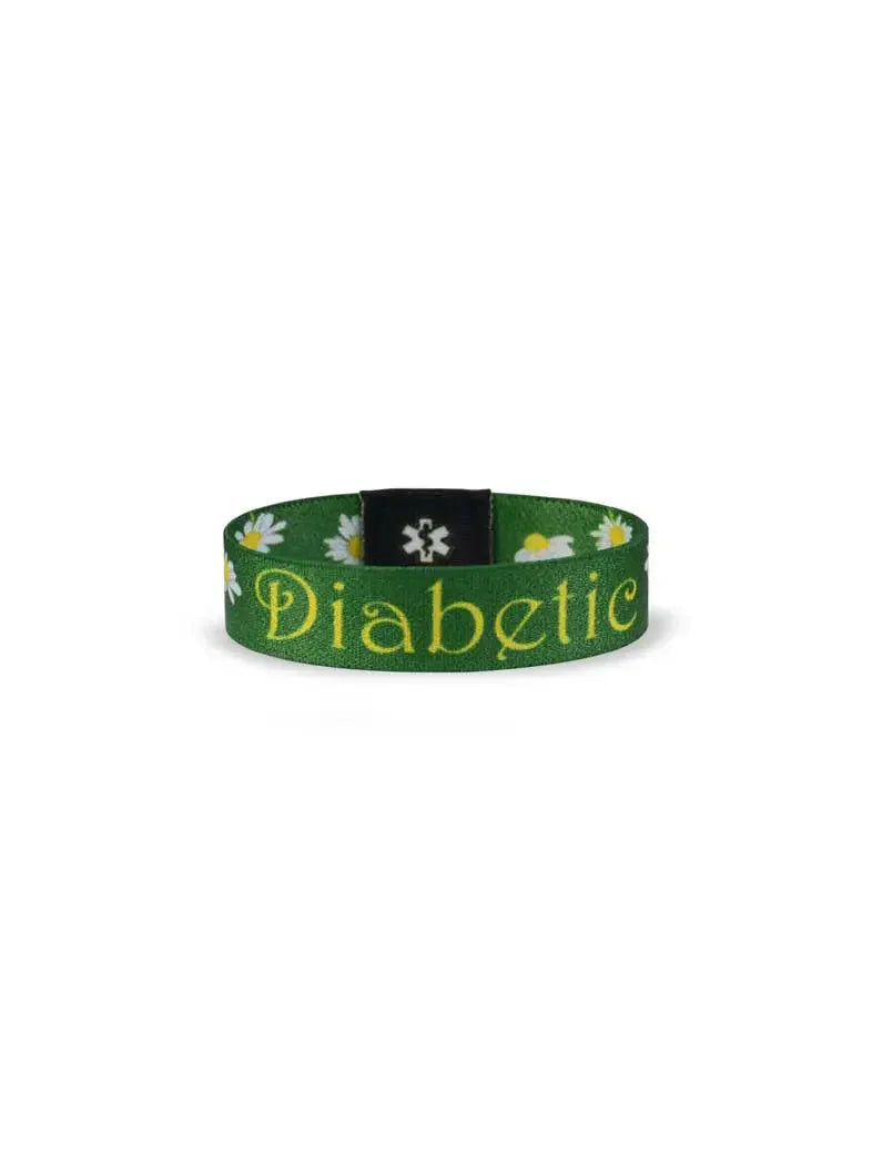 Reversible Type 1 Diabetes awareness wristband for children with "Diabetic" and daisy patterns.