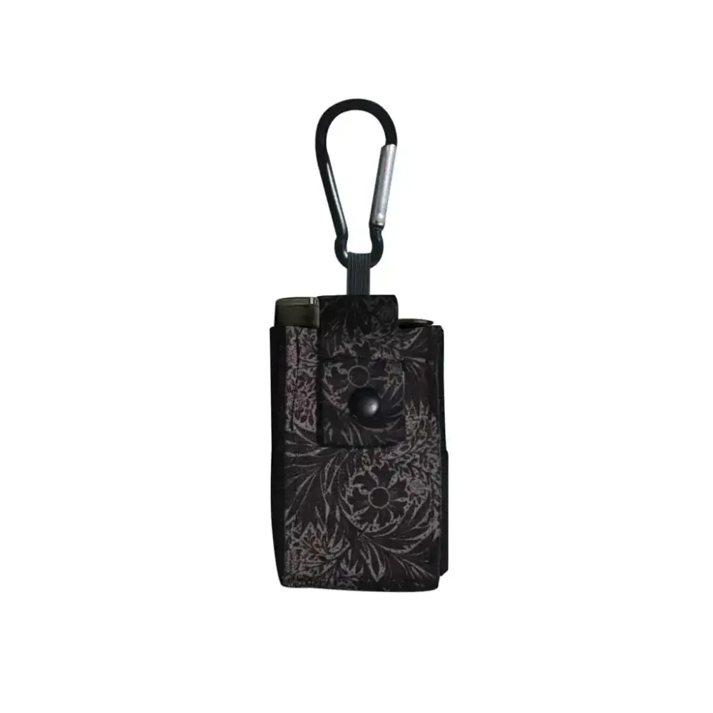 Compact Dia-Mini universal insulin pump pouch with carabiner attachment, black floral design.
