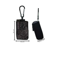 Compact universal pouch for insulin pump with carabiner, shown in dimensions 9x5x3.5 cm.